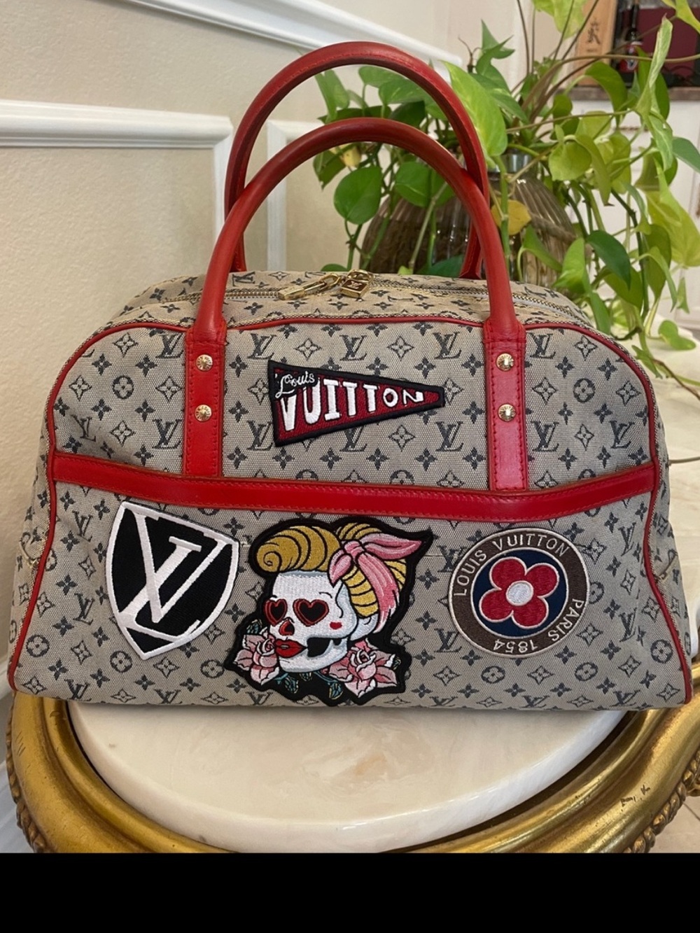 Louis Vuitton Mini Lin blue canvas bowler custom red paint & tattoo patch repair